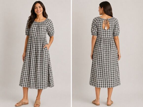 Old Navy Dresses & Skirts - Old Navy Petite M Black White Plaid Smocked Neck Midi Dress Cottagecore Boho